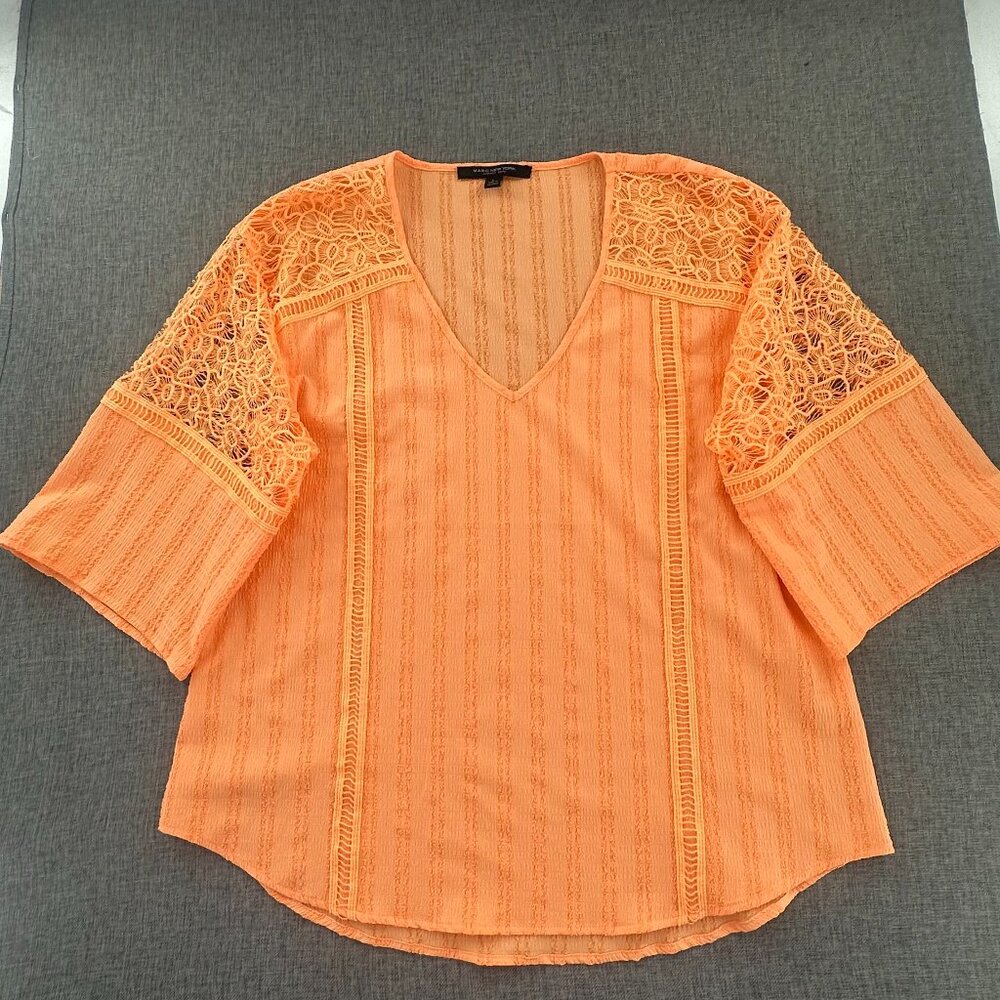 Marc New York Andrew Marc Blouse Orange Large V-Neck Beautiful Crochet Detail